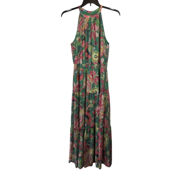 Tahari Arthur S Levine Green Paisley Spring Floral Tiered Maxi Dress Size 10 - Picture 1 of 13
